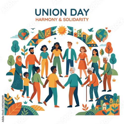 A vibrant illustration of diverse people holding hands in a circle, celebrating Union Day with harmony and solidarity, featuring a colorful design with various symbols and foliage.