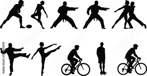 Collection of black silhouettes of athletes and dancers in various poses and activities