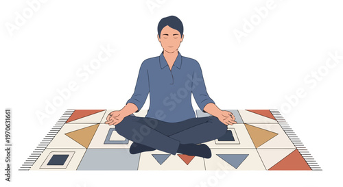 A vector illustration of a young man sitting in a lotus meditation pose on a geometric patterned rug against a white background.