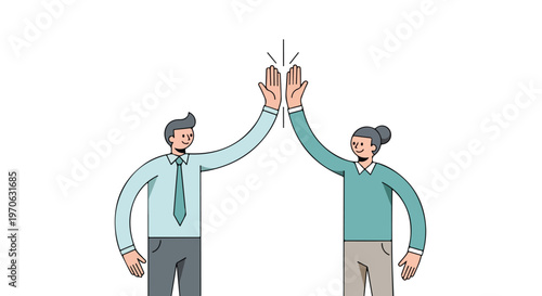 A man and a woman in professional attire share an enthusiastic high-five against a white background, symbolizing successful teamwork and success.
