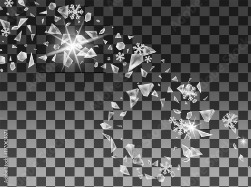 dynamic swirling trail of translucent crystal shards and delicate white snowflakes floating across,with various sizes of geometric glass fragments that catch and reflect light