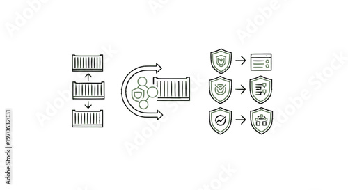 Data security and protection concept with shield icons and containers.
