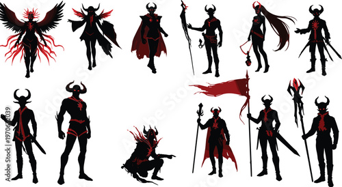 Collection of stylized demonic figures in black and red silhouettes devil