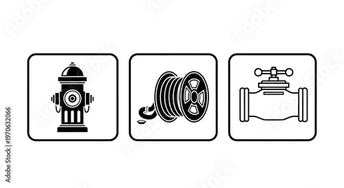 Set of monochrome icons featuring a fire hydrant, rolled fire hose, and valve, representing firefighting equipment on an isolated white background.