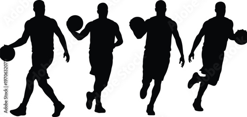 Four Black Silhouettes of Men Playing Basketball in Motion player white background