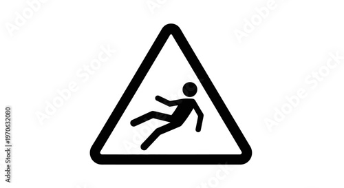 Black and white warning sign depicting a person slipping on a wet floor, indicating caution, on an isolated white background.