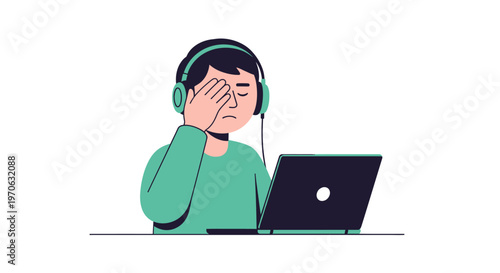 Young man wearing headphones stressed.