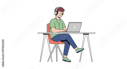 Man wearing headphones using laptop computer.
