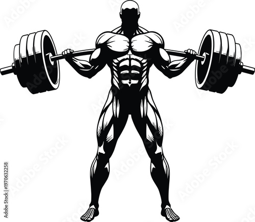 Muscular man with barbell on shoulders performing squat black and white illustration