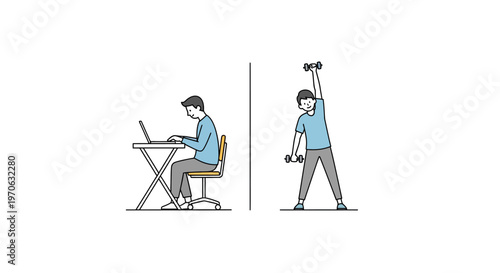 Man working on laptop and exercising.
