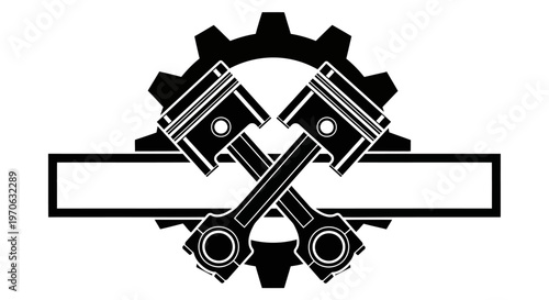 Automotive Engine Pistons and Gear Emblem with Blank Banner on Isolated White Background.