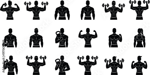 Silhouette male and female figures exercising with dumbbells and kettlebells woman
