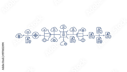 Conceptual illustration of data transfer, cloud computing, and network infrastructure.