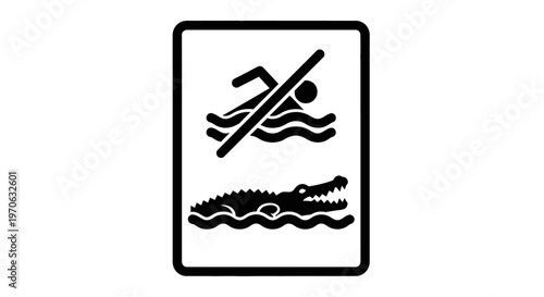 Black and white 'No Swimming' warning sign with a crossed-out swimmer and a dangerous crocodile in water, isolated white background.