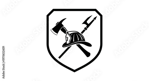 Firefighter's helmet and crossed axes insignia emblem within a shield, depicted as a black silhouette, isolated white background.