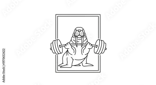 Strong Walrus Lifting Weights in Gym, Fitness Animal Mascot, Strength Training