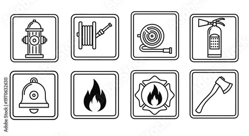 Collection of black outline fire safety and firefighting equipment icons in square frames, isolated white background.