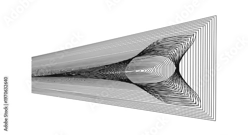 Abstract geometric pattern of converging black lines creating a dynamic tunnel or vortex shape, isolated white background.