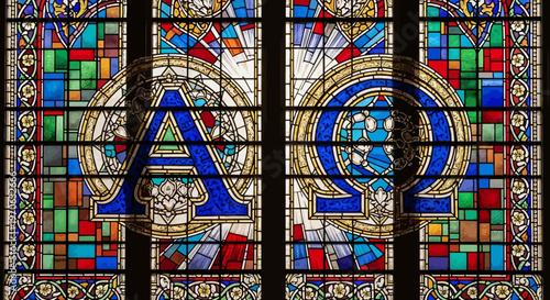 Vibrant Stained Glass Window with Letters A and O