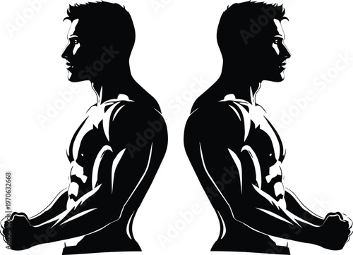 Two black silhouette muscular men facing away from each other with clenched fists