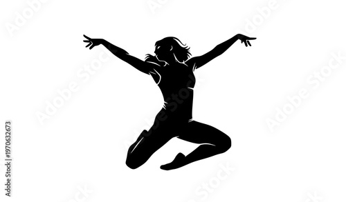 Dynamic female dancer silhouette jumping in motion isolated on white background energetic dance vector