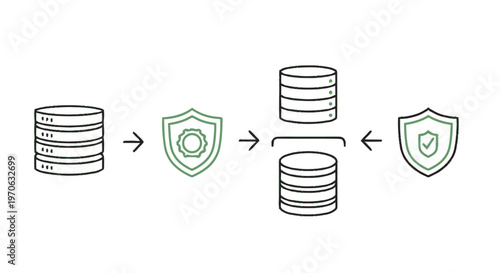Data security concept showing databases and protection shields for safety.