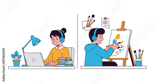 Two people working with headsets on.