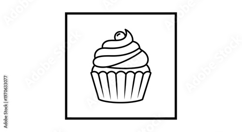 Simple Outline Drawing of a Cupcake with Swirled Frosting and a Cherry on Top