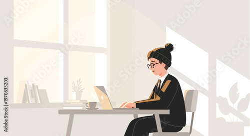 Woman working on laptop computer.
