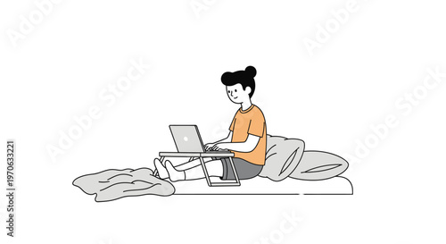 Woman working on laptop sitting.