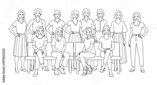 Women Group Outline Character Set - Female Team People Vector Collection