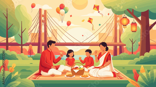 Indian Family Picnic and Celebration Flat Vector Illustration
