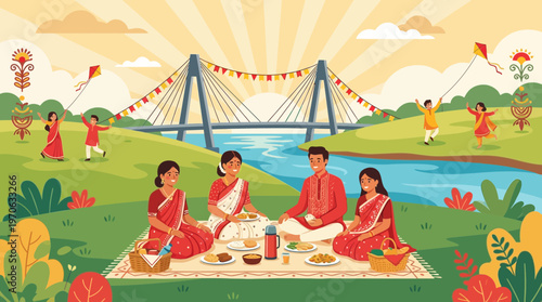 Indian Family Picnic and Kite Flying Festival Illustration