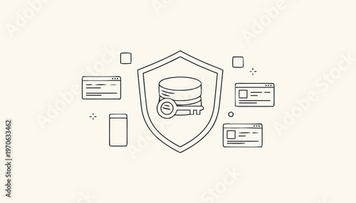 Data Protection Shield with Database and Key Outline Illustration.