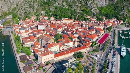 Aerial view of The Old Town of Kotor, Unesco Heritage City, Montenegro
