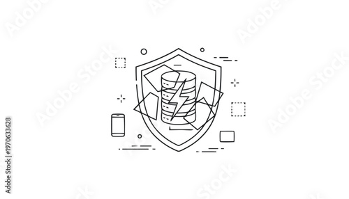 Data Protection Shield with Database and Lightning Bolt Illustration.