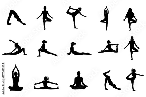 Various yoga poses performed by people in different stances and locations