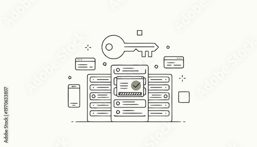 Data Security Illustration with Key and Server Rack Outline.