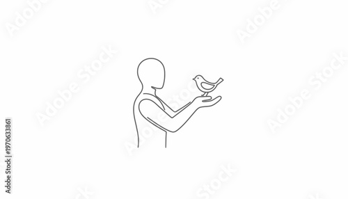 Minimalist Line Art: Person Holding a Small Bird in Open Hands, Symbolizing Care and Nature