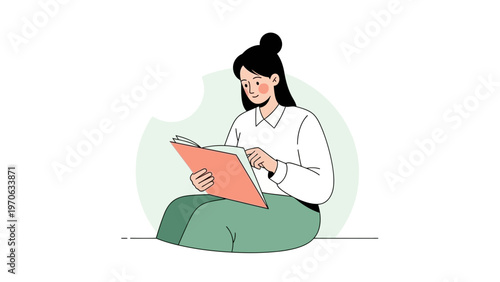 Young Woman Reading Book Sitting Relaxed, Illustration, Calm Lifestyle
