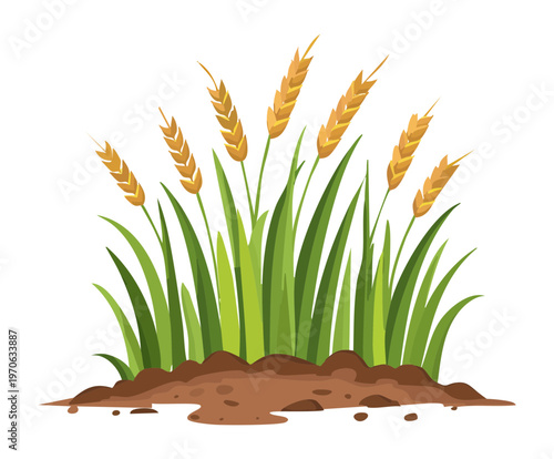 Wild green grass with golden wheat stalks growing in a dense cluster representing summer harvest and agricultural growth in rural farm fields