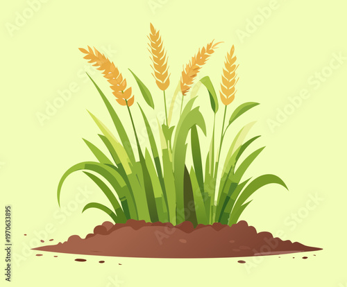 Natural wild grass meadow with tall green blades and yellow cereal stalks swaying in the breeze during a bright sunny summer day