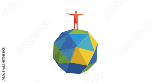 A stylized orange figure stands triumphantly atop a colorful low-poly geometric sphere, representing a minimalist and modern concept of global exploration.