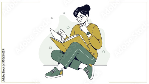 Young Woman Reading Book Outdoors, Studying, Relaxing, Casual Style