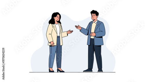 Two professionals in business attire discussing ideas in a modern office setting.