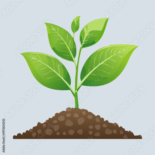 New green plant sprout emerging from a mound of earth for gardening and environmental protection theme during a bright spring season