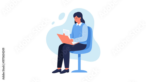 Woman Sitting with Laptop and Documents, Remote Work, Studying, or Waiting