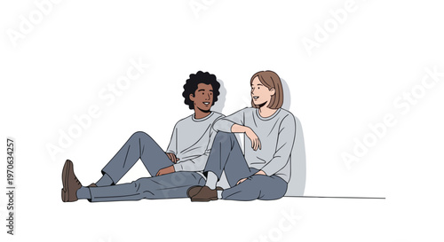 A man and a woman sit comfortably on the floor against a wall, engaging in a friendly conversation in this minimalist vector illustration.