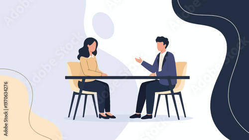 Business meeting between two professionals at a table, discussing ideas in an office.