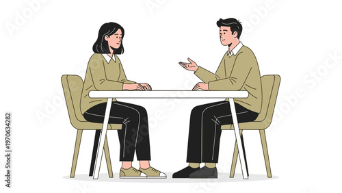 Two people having a conversation at a table, business meeting, discussion, teamwork